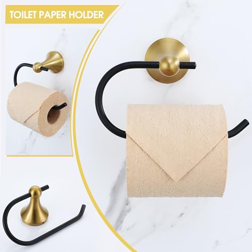 Brushed Gold and Black Bathroom Hardware Set, 4-Piece Black and Gold Bathroom Accessories Kit Stainless Steel 23.6 Inch Towel Bar | Towel Hook | Toilet Paper Holder | Hand Towel Holder - color: Black and Gold