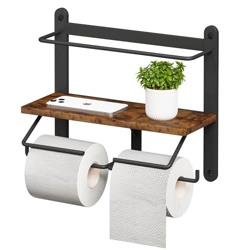 Homeiju Double Toilet Paper Holder with Shelf, Wooden Wall-Mounted Toilet Paper Roll Holder, Wall-Mounted Bathroom Organizer, Double Roll, Suitable for Bathrooms (Rustic Brown) - color: Rustic Brown