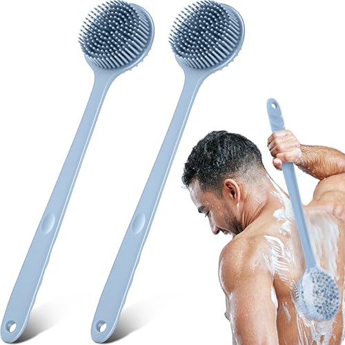 Sunnyray 2 Pack Silicone Back Scrubber for Shower with 15" Long Handle Double-Sided Bath Body Brush for Exfoliating Easy to Clean Quick Dry Deep Cleaning Lathers Well(Gray Blue) - color: Gray Blue