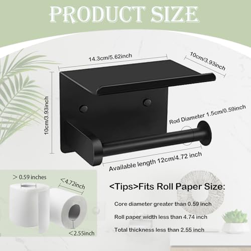 Matte Black Toilet Paper Holder with Shelf, Stainless Steel Bathroom Tissue Holder Self Adhesive or Screw Mounting Wall Mount Toilet Roll Holder for Washroom Kitchen RV