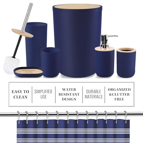 Britimes Bathroom Accessories Sets, Blue Shower Curtain Set with Trash Can, Soap Dispenser, Toilet Brush Holder, Toothbrush Holder and Toothbrush Cup for Bathroom Decor 72"*72" - color: Blue