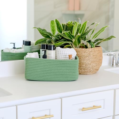NaturalCozy 13.5”x8.5”x5.5” Rectangle Storage Baskets for Shelves 3 Pack | Cotton Rope Woven Small Baskets for Organizing | Small Storage Bins for Nursery, Bathroom, Closet, Shelf, Decorative - color: Green, size: 13.5" x 8.5" x 5.5"