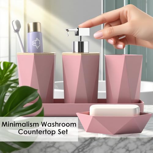 Pink Bathroom Accessories Set, 10 Pieces Bamboo Bathroom Set with Trash Can, Tray, Soap Dispenser, Soap Dish, Toothbrush Holder, Toothbrush Cup, Tissue Holder, Toilet Brush and Qtip Holders - color: Pink