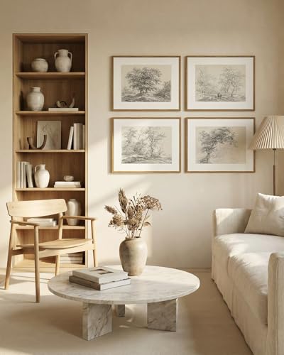 InSimSea 4 pcs Framed Wall Art, Vintage Sketch Tree Canvas Prints, Bathroom Kitchen Beige White Decor, Neutral Toned, Rustic Nature Shelf Decor, Small Size,11x14in - color: neutral Sketch tree