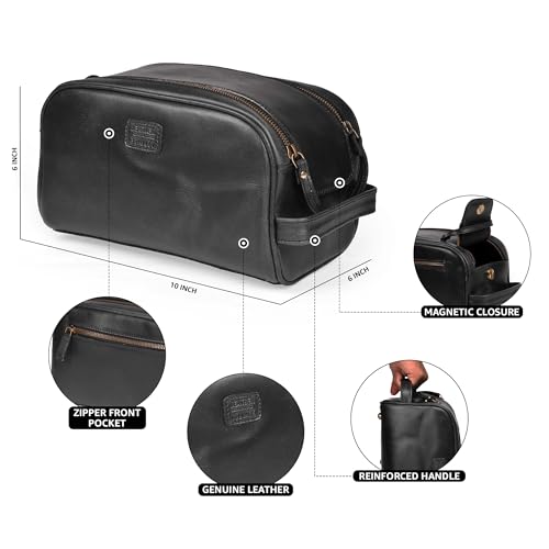 LEATHER VILLAGE Genuine Leather Toiletry Travel Bag With Waterproof Lining - Black | King-Size Handcrafted Vintage Dopp Kit Bag, Shaving & Bathroom Organizer, Gift for Men & Women - color: Black