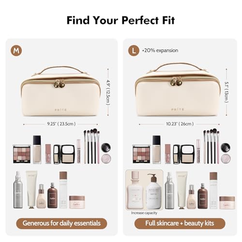 Prite Makeup Bag Travel Toiletry Bag Open Flat Cosmetic Organizer for Women | Clear Divider, 2 Compartments, Waterproof, Vegan Leather, Elastic Slot, Handle, Lightweight, Large Capacity, Easy Clean - color: Beige, size: Large