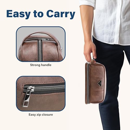emissary Leather Travel Toiletry Bag for Men, Dopp Kit - Coffee | Water-resistant leather, large capacity + organizer pockets; refined men's travel Dopp kit, carry-on ready - color: Brown