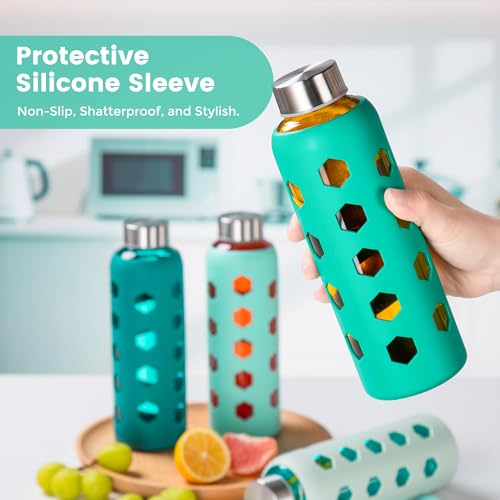 Mrsdry Glass Juice Bottles with Lids and Silicone Sleeves 18 oz, 4-Pack Reusable Clear Glass Water Bottles with Stainless Steel Airtight Cap for Juicing, Refrigerator, BPA Free Leak-Proof Drinking Jar - color: Green
