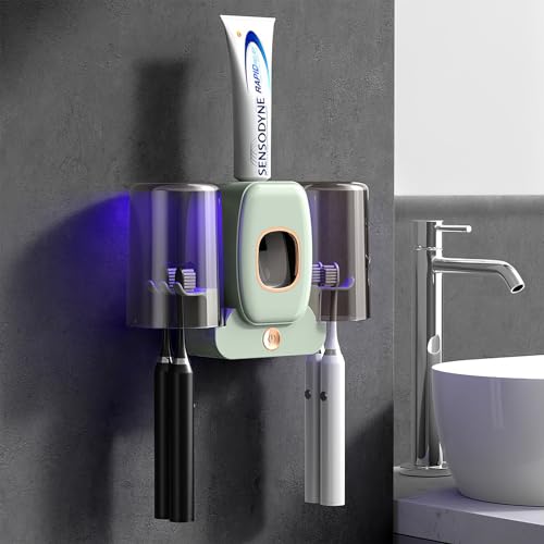 Toothbrush Holders for Bathrooms, Wekity Automatic Toothpaste Dispenser Space Saving Toothbrush and Toothpaste Holder，Toothbrush Holder Wall Mounted with 2 Cups for Bathroom (Green)… - color: Green