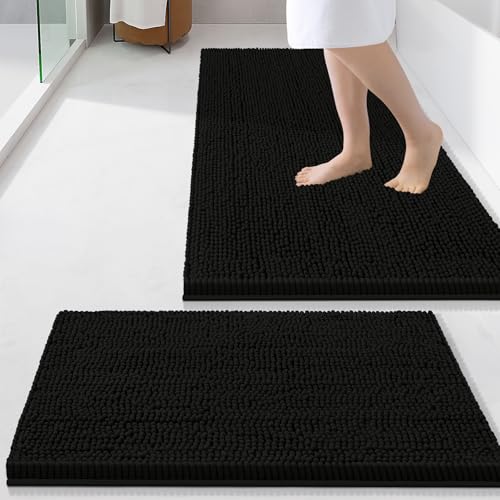 Smiry Bathroom Rugs Sets 2 Piece, Soft Absorbent Chenille Machine Washable Non Slip Shaggy Bath Rug Set for Tub, Shower, and Floor (34x21+24x16, Black) - color: Black, size: 34"x21"+24"x16"