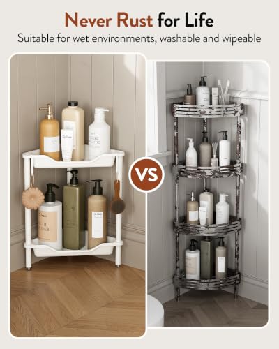 Orimade Rustproof 2 Tier Floor Standing Corner Shower Caddy Organizer, Plastic Aluminum Splicing Floor Corner Shelf Rack Stands for Bathroom, White - color: White, size: 2 Tier
