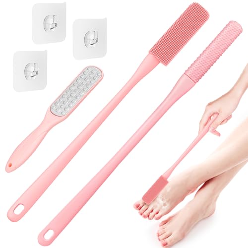 Pack of 3 Silicone Toe Cleaning Brush,Soft Brush Foot Scrubber Long Handle Bathroom Shower Bath Brush Wet and Dry Use for Seniors,Elderly, Men and Women (Pink) - color: Pink