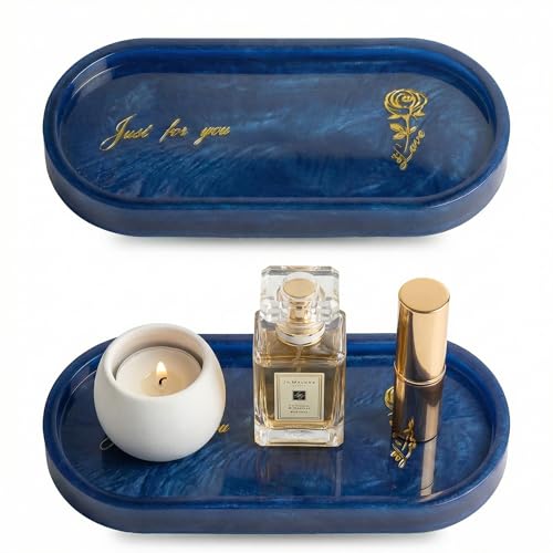 Bathroom Vanity Trays for Counter: Blue Resin Towel Tray Organizer with Words - Oval Bathroom Sink Tray Countertop - Decorative Tray for Perfume/Oil Bottles - color: Blue