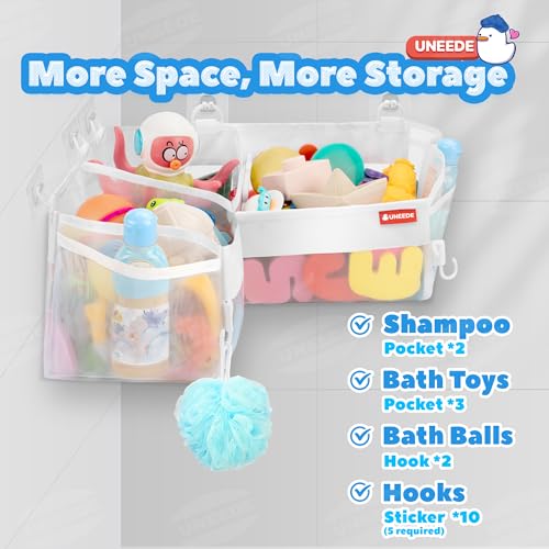 UNEEDE Bath Toy Storage - 3 Compartment Corner Bath Toy Storage Organizer, 4 Gallons Quick-Drying Bath Toy Holder, Machine-Washable Bathtub Toy Storage for Classify Toys & Bath Supplies