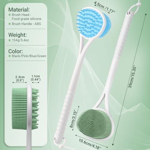 Silicone Back & Face Scrubber Set, 15.35’’ Soft Back Scrubber for Shower with Dual-Side Brush Head, Gentle Silicone Facial Scrubber Face Brush for Deep Lathering & Cleansing(Green-2PCS) - color: Green*2