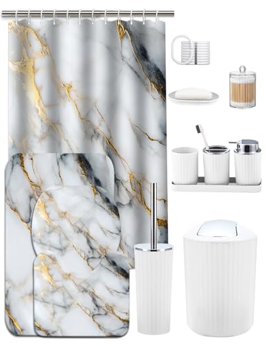 Lnond Marble Bathroom Set, 24 Piece White Gold Bathroom Decor Set with with Shower Curtain and Rugs, Trash Can, Toilet Brush Holder Set & Soap Dispenser