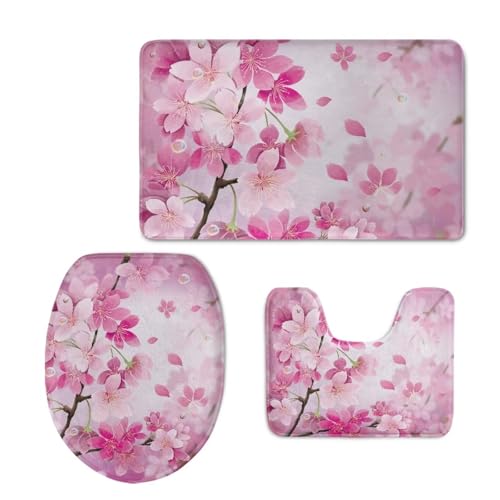 Cherry Blossom 3 Piece Bathroom Rug Set Bathroom Rug Sets 3 Piece with Toilet Cover Bathroom Rug Set with Toilet Cover Bathroom Rug and Toilet Seat Cover Set Toilet Seat Cover Set for Home - color: Cherry Blossom