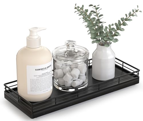 Bathroom Tray for Counter Top Organizer, Oak Wood Vanity Tray | Metal Frame for Dresser, Kitchen & Nightstand, Black Decorative Storage - color: Black, size: 11" x 4.5" x 1.5"