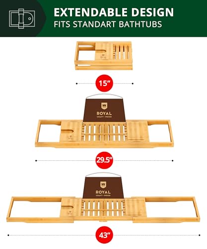 ROYAL CRAFT WOOD Premium Foldable Bathtub Tray Caddy - Wood Bath Tray for Tub, Bamboo Shelf, Expandable Bath Table Trays, Bathtub & Bathroom Accessories for New Home & Mothers, Birthday Gifts for Mom - color: Natural Bamboo
