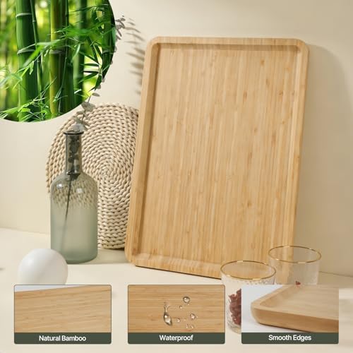 Bamboo Serving Tray Rectangle Platter Small, 1, 14.2" x 9.5" x 0.8" | Durable, Breakfast Dinner Food Bed Tray, For Eating, Kitchen Restaurants Patty,Display - size: 14.2" x 9.5" x 0.8"