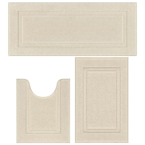 SHACOS Light Beige Bathroom Rugs Sets 3 Piece Bath Mat U Shaped Toilet Rug | 20x47+ 20x32+ 20x24, Soft Fluffy Microfiber Bath Rugs Set, Non Slip Washable Absorbent Bathroom Runner Floor Mats Shower Rug - color: Light Beige, size: 20"x32"+ 20"x47"+U Shape