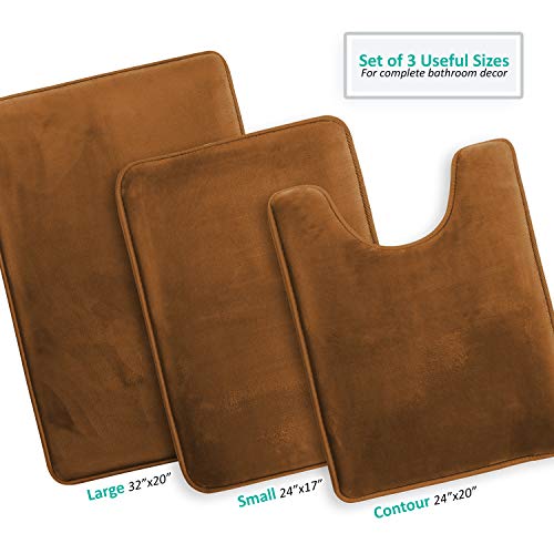 Clara Clark 3 Piece Bathroom Rugs Bath Mat Set, Velvet Memory Foam Bath Mats for Bathroom - Non-Slip, PVC Backing Bath Rugs, Washable - Dries Quickly, Brown - color: Brown, style: 17 x 24 + 20 x 32 + Contour