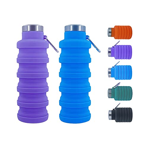 Collapsible Water Bottles，17oz Large capacity Silicone Water Bottle with Carabiner，Reusable Foldable Lightweight Sports Water Bottle for Travel Gym Camping Hiking (Blue + Purple) - color: Blue + Purple