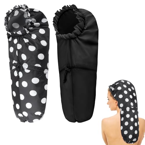2 Pcs Large Shower Cap for Braids, Extra Long Shower Cap for Women Long Hair & Locs, Waterproof Hair Bonnets for Dreadlocks Drawstring Bath Caps for Women & Men (Polka Dots, Black) - color: Black, Polka Dots