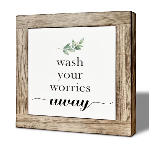 Bathroom sign, Wash Your Worries Away, Funny Restroom Room Shelf Decor, Inspirational Restroom Bathroom Decoration, Funny Toilet Washroom Wooden Box Sign Decor 5.9×5.9 inch - color: color27