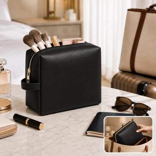 3PCS PU Leather Makeup Bag, Large Travel Cosmetic Pouch, Cute Toiletry Organizer for Women, Black - color: Black-3pc