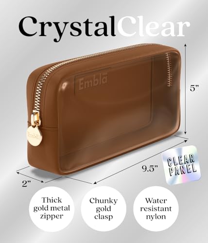 Embla Clear Cosmetic Bag Makeup Case, Clear Zipper Make Up Pouch and Toiletry Travel Tote, Cute Skincare Pouches for Women Girls, Preppy Purse Cosmetic Organizer, Small Makeup Bags, Chocolate | Small Brown Clear Nylon/PVC Cosmetic Bag with Zipper, Waterpr