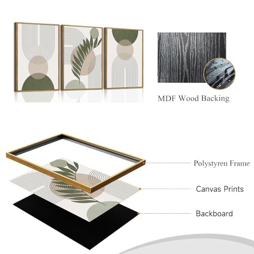 Bwodke Boho Wall Art, Framed Abstract Wall Art, Sage Green Canvas Wall Decor, Mid Century Line Leaf Geometric Pictures Set of 3, Minimalist Paintings, for Bedroom Living Room Bathroom 12"x16" - color: Sage Green, size: 12"x16"Natural
