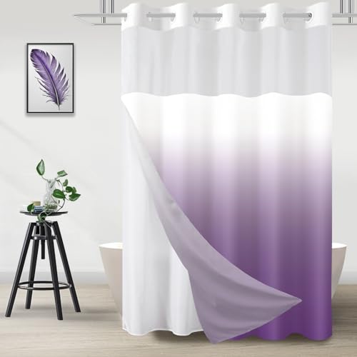 No Hook Shower Curtain with Snap in Liner, Ombre Purple Shower Curtains and Liner Set, Hotel Fabric Bath Curtain for Bathroom, Mesh Top Window Waterproof Washable, 71" x 74" - color: Ombre Purple, size: 71"W x 74"L (Pack of 1)