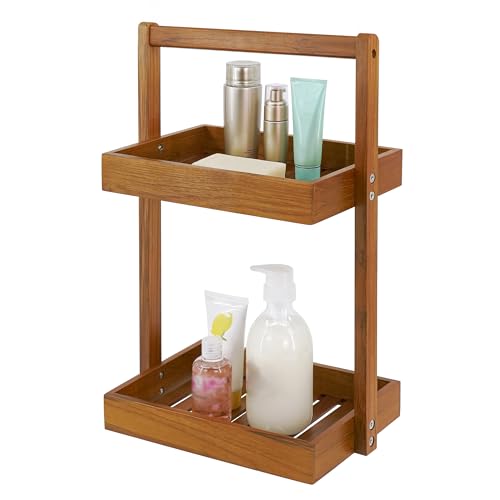 Utoplike Teak Wood Shower Caddy Corner, 2 Tier Bathroom Organizer Countertop, Standing Shower Rack with Handle, Stand Up Shower Basket for Shampoo, Shelf Rack for Inside Shower, Kitchen Desktop - color: 2 tier