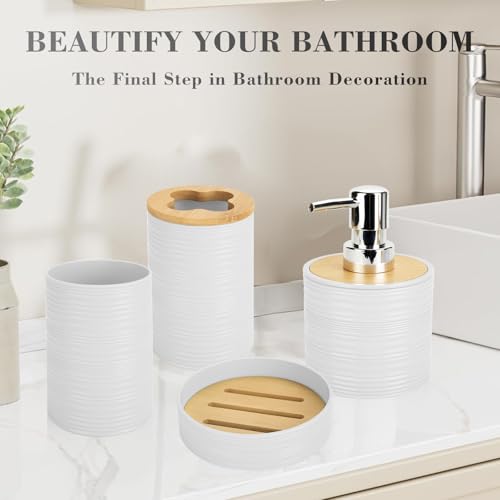 4 PCS White Bathroom Accessories Set, Includes a Soap Dispenser, Toothbrush Holder, Soap Dish and Mouthwash Cup, Plastics & Bamboo Bathroom Set, Bohemian Style Bathroom Sink Set - color: White, size: 4 PCS