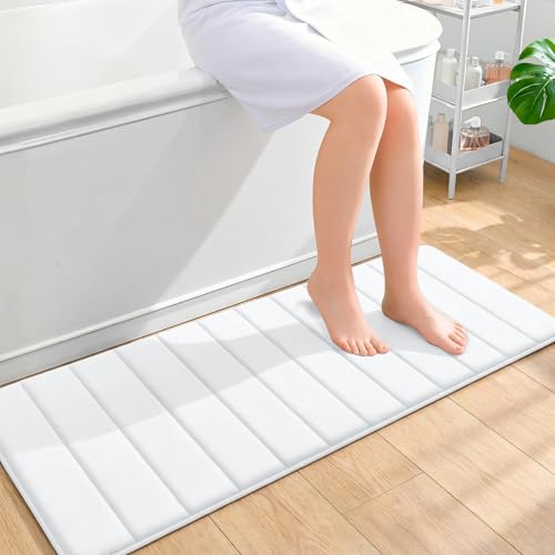 OLANLY Memory Foam Long Bathroom Rugs Runner 47x17, Super Soft Absorbent Bath Mat, Quick Dry, Machine Washable Shower Floor Rugs, Bathmat Carpet, Bathroom Home Decor Accessories, White - color: White, size: 47" X 17"