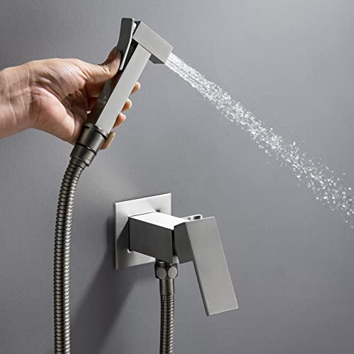 SHAMANDA Warm Water Bidet Sprayer for Toilet with Hot and Cold Brass Rough-in Valve, Stainless Steel Handheld Bidet Attachment Set for Feminine, Pets and Baby Diaper Wash, Brushed Nickel, BDS08-2 - color: Brushed Nickel, style: Hot & Cold Water Modes-Squa