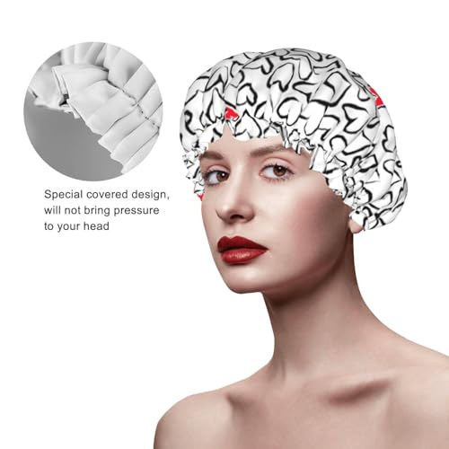 Love Hearts Shower Cap For Women Reusable Waterproof Double Layers Bath Cap Hair Protection Elastic Ladies Spa Salon Shower Hat - color: Love Hearts