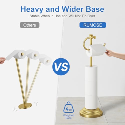 RUMOSE Toilet Paper Holder Stand for Floor, Brushed Gold Bathroom Free Standing Toilet Tissue Roll Holder with Storage, Adjustable 17-25 Inch, SUS304 Stainless Steel - color: Brushed Gold