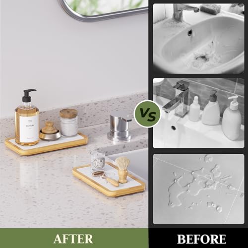 Water Absorbing Stone Tray for Sink, Kitchen Sink Caddy Organizer, Diatomite Bathroom Vanity Counter Tray, Soap Dispenser Sponge Holder, Fast Drying Stone Faucet Mat with Bamboo Tray - color: White
