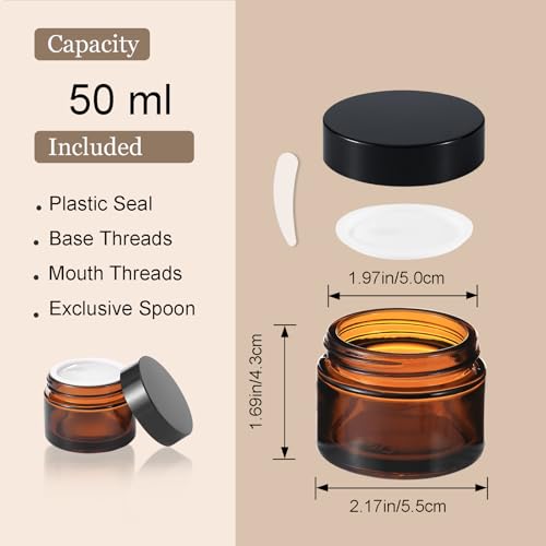 45Pack 2oz Small Amber Glass Jars with Lids, Lotion Container, Cosmetic Containers, Little Travel Jars for Creams with Mini Spoon, Black Label