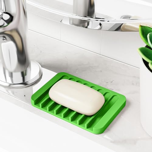 4-Pack Self Draining Soap Dish for Shower Bathroom Waterfall Silicone Soap Saver Tray Sponge Holder for Kitchen Sink Non-Slip Easy Clean Green - color: Green