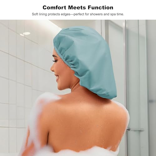 2 Pack Shower Caps for Women, Reusable Waterproof Shower Cap with Elastic Band, Thickened Waterproof Fabric Shower Bonnet for Braids, Long Hair - color: Mist Blue/Lavender