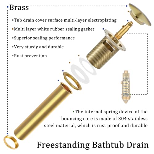 Free Standing Tub Drain Kit, Freestanding Tub Drain, Pop-Up Freestanding Bathtub Drain Stopper, Compatible with Freestanding Bathtub Drain Rough-in Kit (Brushed Gold) - color: Brushed Gold
