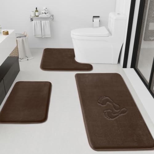 HUXMEYSON Bathroom Rugs Sets 3 Piece, Non-Slip & Quick Dry Bath Mat Set, Ultra Soft Velvet Bath Rugs for Bathroom, Toilet and Shower Floor, Brown - color: Brown, size: 17"x24"+20"x48"+U Shape 20"x24"