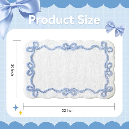 TRUEDAYS Blue Scalloped Bath Mat - Cute Bow Bathroom Rugs Small Non Slip Bath Mat, Soft & Absorbent Bath Rugs for Bathroom Decor, Tub, Vanity Floor - color: Blue Scalloped Bow
