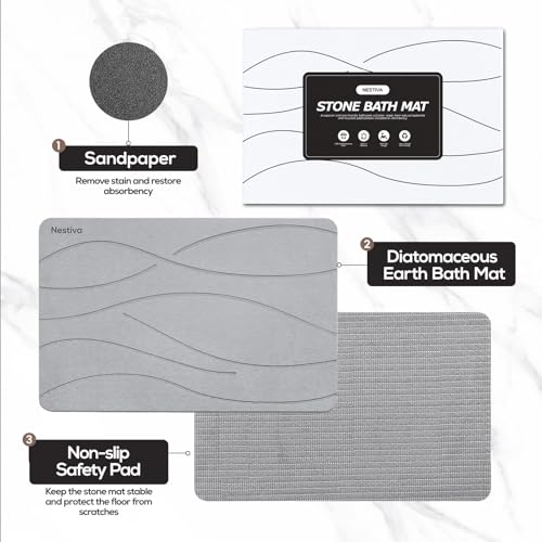 Stone Bath Mat Non-Slip Super Absorbent, Quick Drying, Multi-Purpose Large Bathroom Rugs in Front of Bathtubs and Sinks, Natural Diatomaceous Earth Shower Mat Easy to Clean(15.3″x23.6″, Grey) - color: Grey, size: 1'3" x 1'11" (Rectangular)