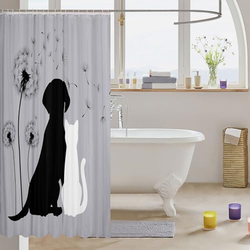 Erosebridal Cat & Dog Bathtub Shower Curtain - Dandelion Bath Curtain, Cute Pet Animal Bathroom Set, Grey Waterproof, 72" W x 78" L - color: Multi 47, size: 72"W x 78"L (Pack of 1)