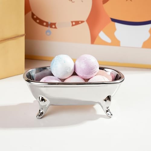 6.7" Ceramic Mini Clawfoot Bathtub Bar Soap Dish, Decorative Bar Soap Holder, Soap Tray Sponge Holder for Shower, Bathroom & Kitchen Sink (Silver) - color: Silver