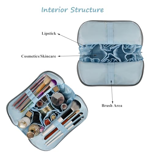 Travel Makeup Bag for Women, Waterproof Stand Up Cosmetic Bag with Brush Holders, Organizer Bag with Compartments, Fold-Down Design for Skincare, Toiletries & Essentials (Blue, Medium) - color: Blue, size: Medium